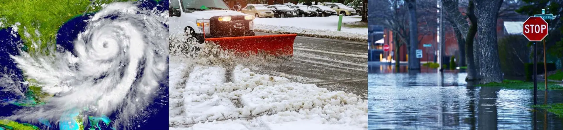 Image of hurricane, snowstorm, and flooding — key weather events impacting disaster-resilient construction solutions