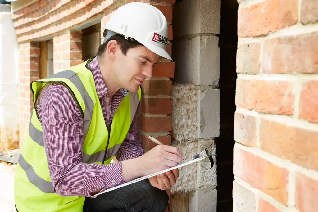 A construction inspector in a hard hat and safety vest examines a brick building façade, making notes on a clipboard during a site check